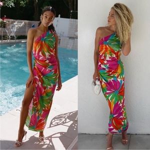 NEW NWT Ronny Kobo Gildo One Shoulder Silk Midi Dress In Jungle Floral